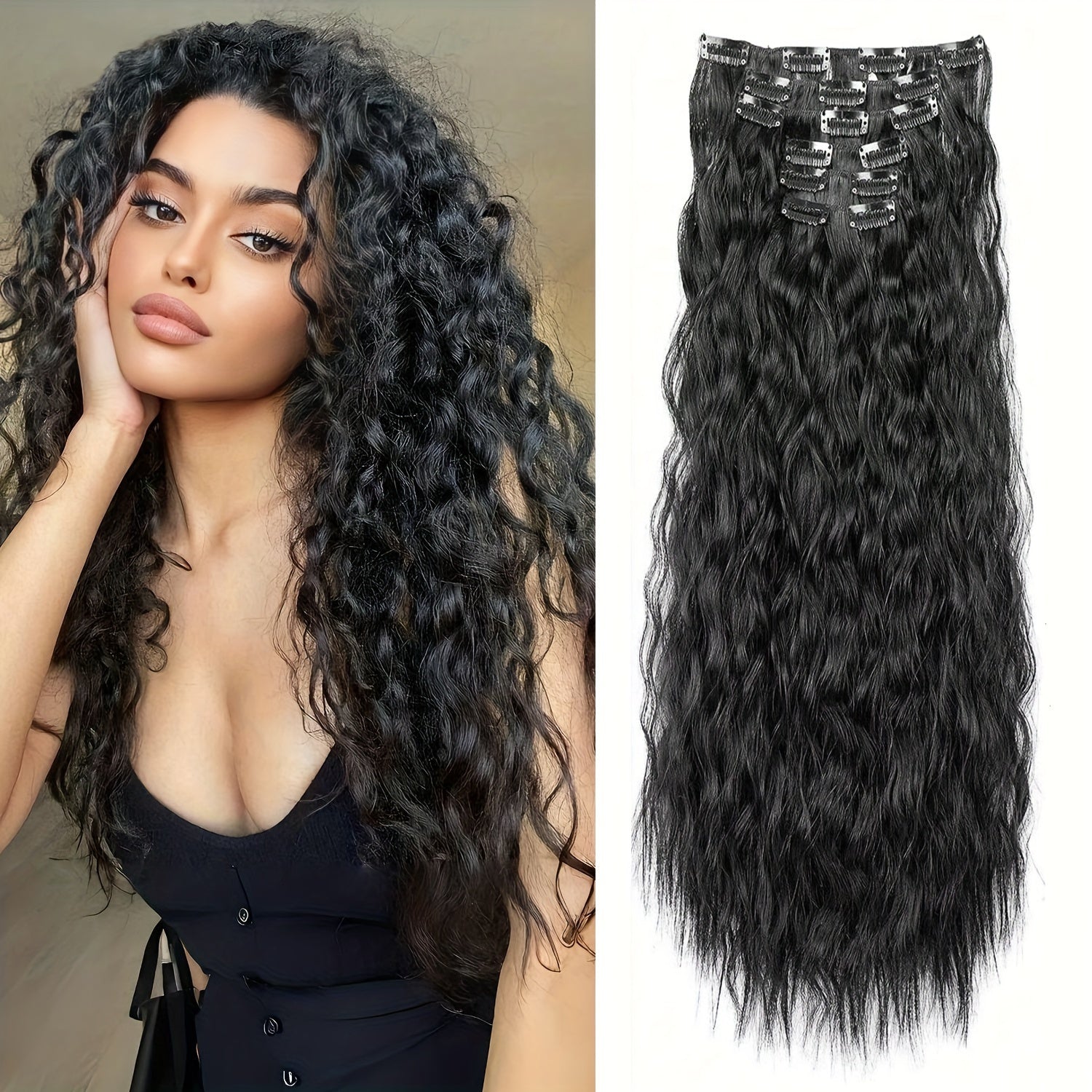 16 Thick Black Hair Clips for Synthetic Curls, Completely Soft And Invisible Fiber Hair Extensions, 24 Inches Long.